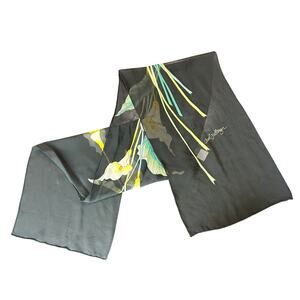 Vintage Silk Scarf- Black with yellow callie lilies- 52 in long- florals